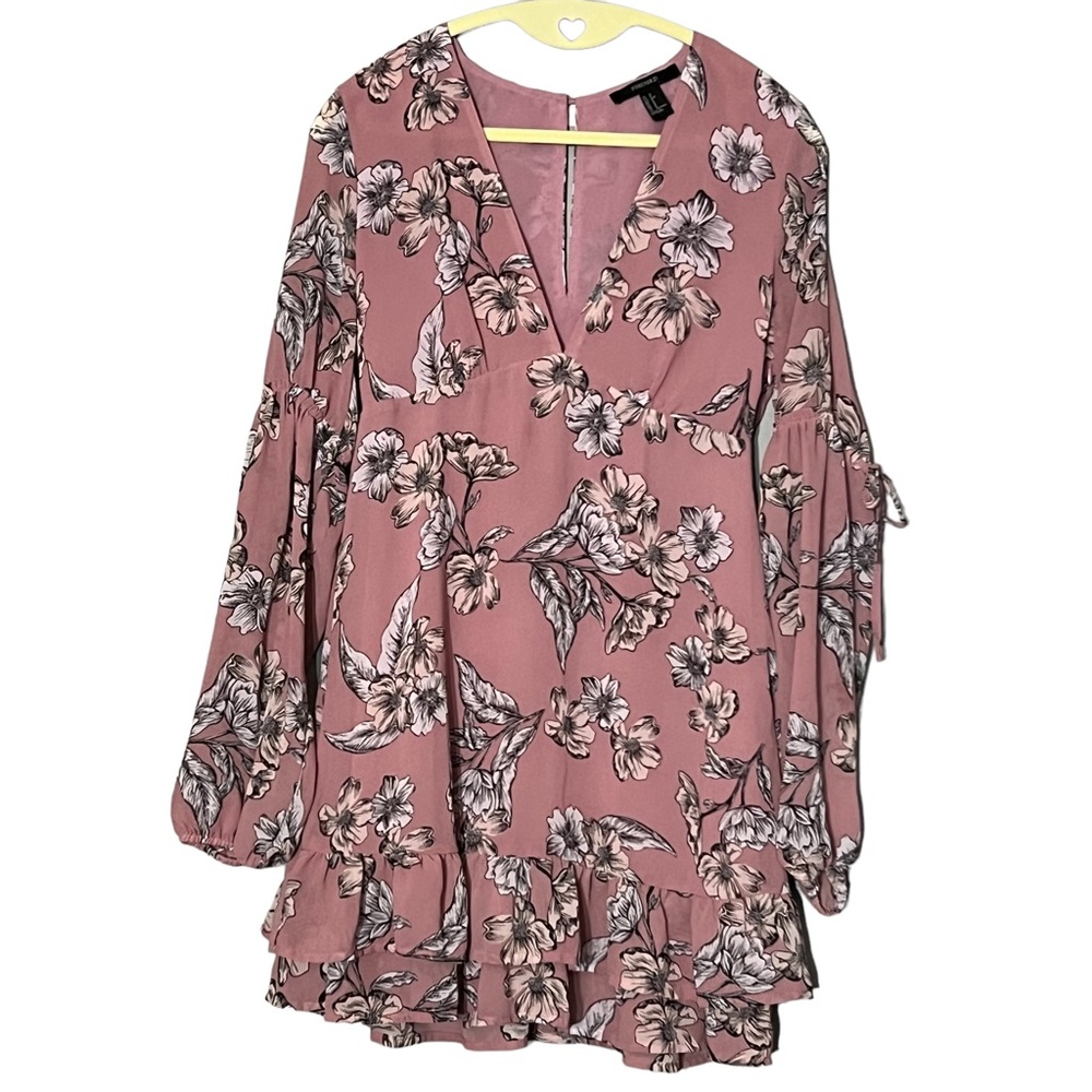 Forever 21 Women’s Mauve Pink Floral Long Puff Sleeve Frill Hem Minidress